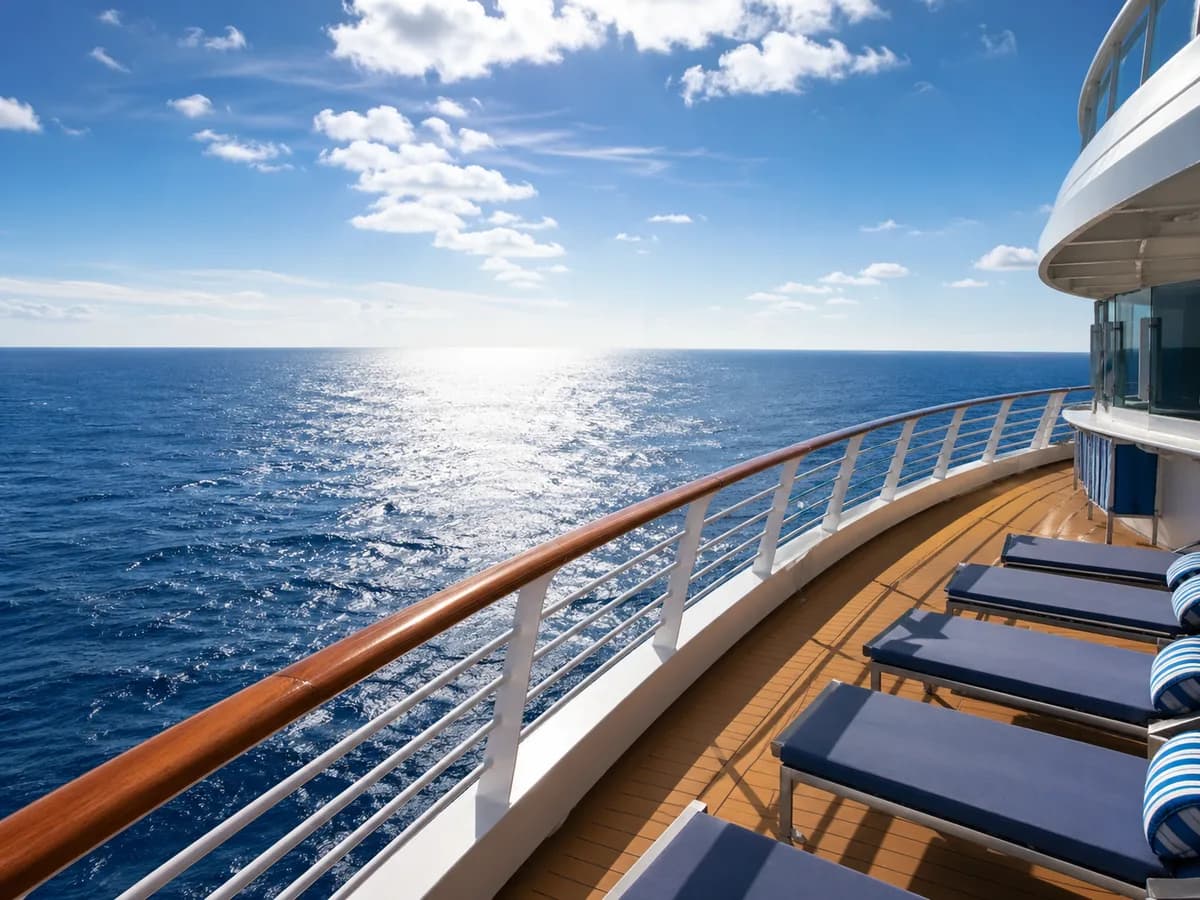 Cruise ship deck view facing bright blue ocean water