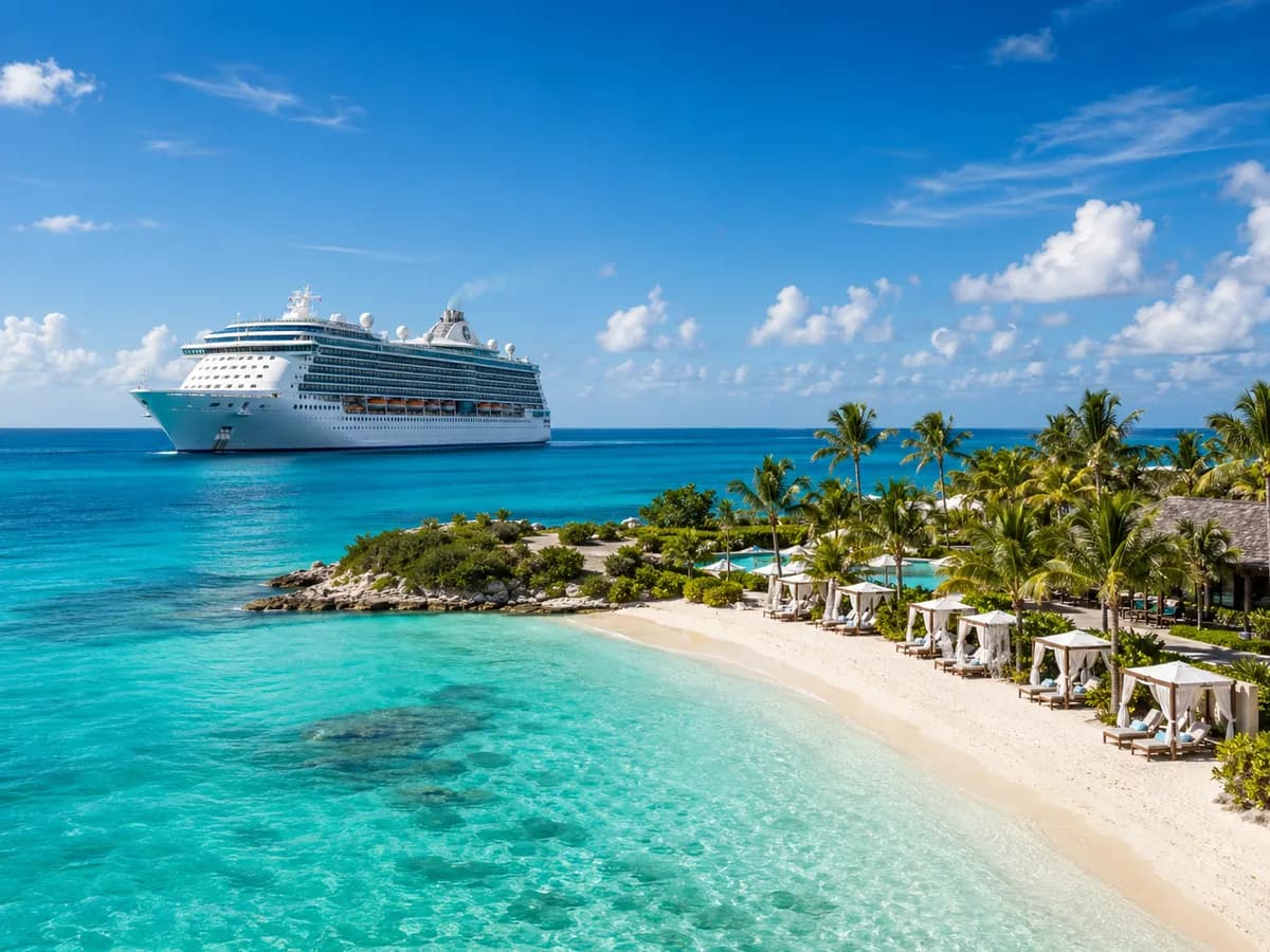 Royal Caribbean cruise ship near a bright Bahamas private island