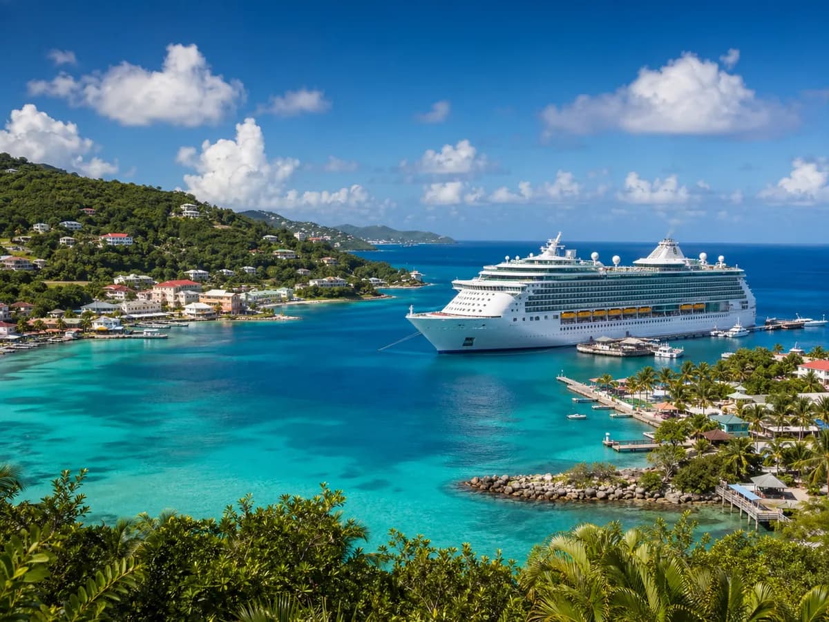 Cruise ship near a Caribbean harbor with clear water